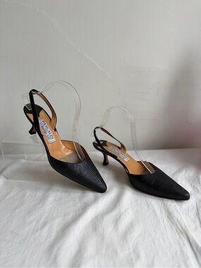 Vintage Pancaldi for Diane B. Black Pointed Slingback Pumps w/ Kitten Heels